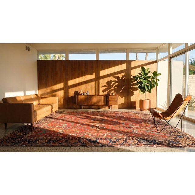 Eye-Catching Red-Raspberry Background Color With Traditional Serapi Style Antique Persian Rug For Sale - Image 11 of 12