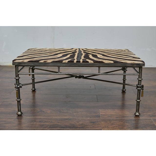 Mid 20th Century Eclectic Midcentury Zebra Hide Top Metal Coffee Table with Petite Gilt Tassels For Sale - Image 5 of 12