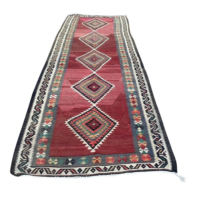 Vintage Turkish Tribal Coral Color Handmade Kilim Runner Rug For Sale