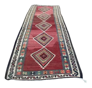 Vintage Turkish Tribal Coral Color Handmade Kilim Runner Rug