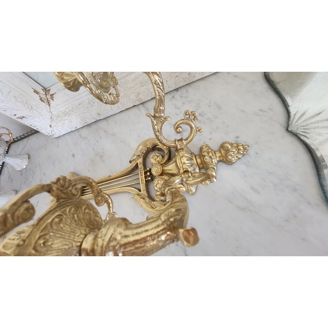 Hollywood Regency Vintage Chinese Lacquered Brass Lyre-Form Double-Arm Candle Wall Sconce For Sale - Image 3 of 18