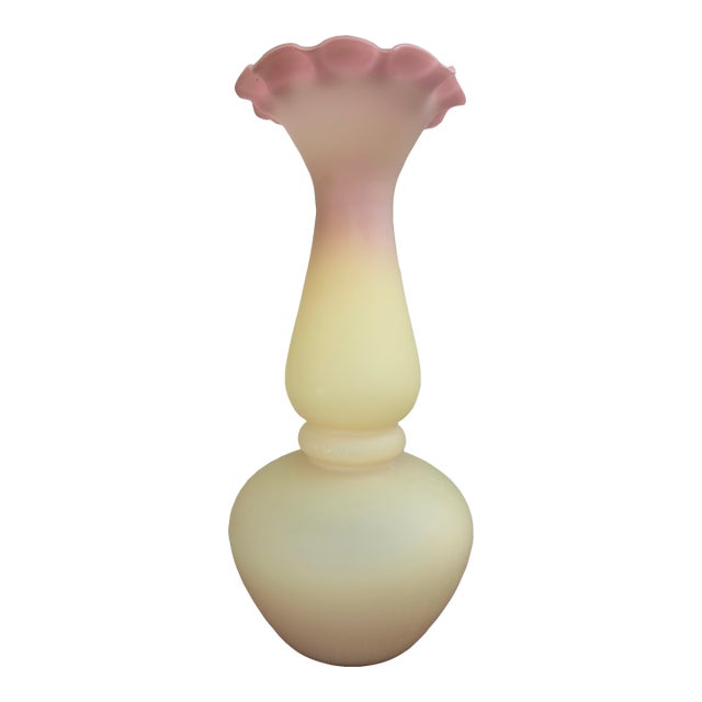 Vintage Burmese Satin Glass Double Gourd Vase – Ruffled Rim, Pink to Custard, Uv Reactive For Sale