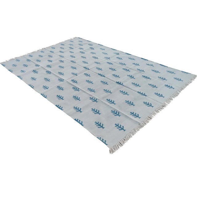 Casa Cosima Handmade Pale Aqua and Teal Blue Cotton Tree Pattern Rug - 8x10 For Sale - Image 4 of 11