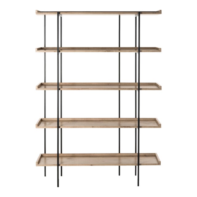 Retro Mid 5 Tier Wood Etagere in Oak & Black For Sale