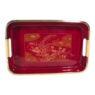 Yamato Japanese Mid-Century Modern Red Lacquer Handled Tray For Sale