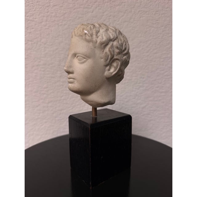 A finely executed classical-style male head bust, modeled after ancient Roman portrait sculpture. This handsome decorative...