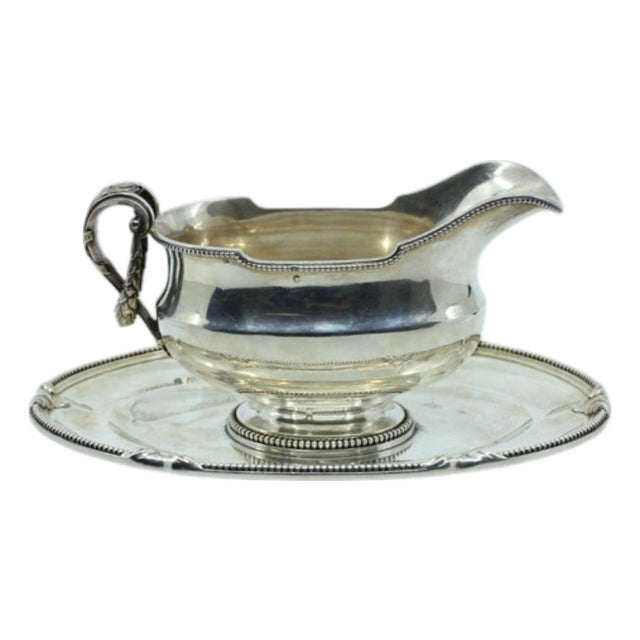 Silver Sauce Boat and Plate with Pearly Surround For Sale