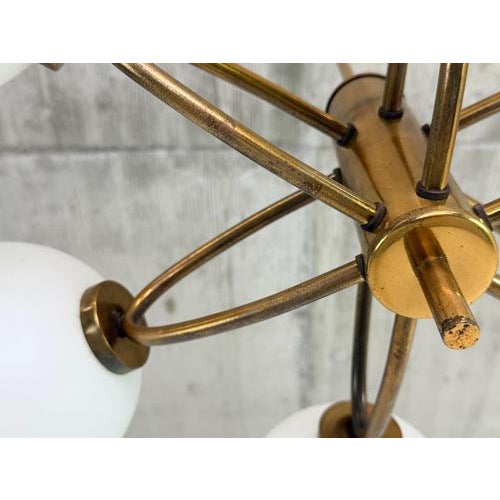 Mid-Century Modern Brass and Opaline Glass 6-Globe Chandelier, 1960s For Sale - Image 6 of 10