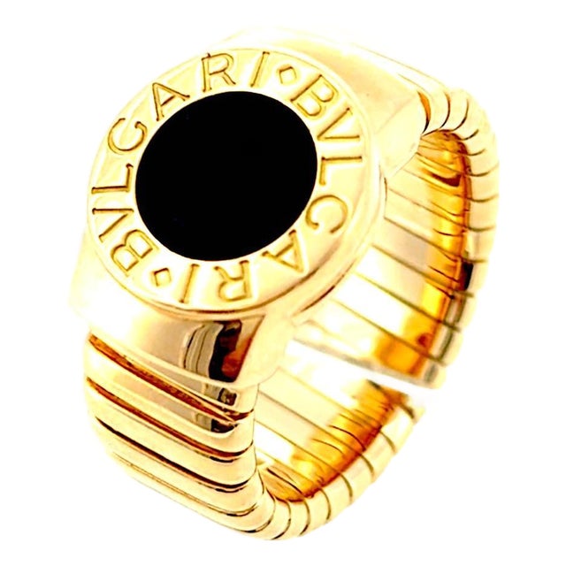 Bvlgari 18k Yellow Gold Black Onyx Tubogas Ring For Sale