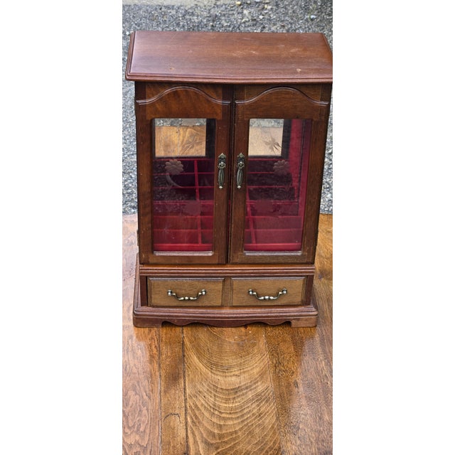 Vintage Wooden Jewelry Armoire With Etched Glass Doors & Red Velvet Lined Interior For Sale - Image 16 of 16