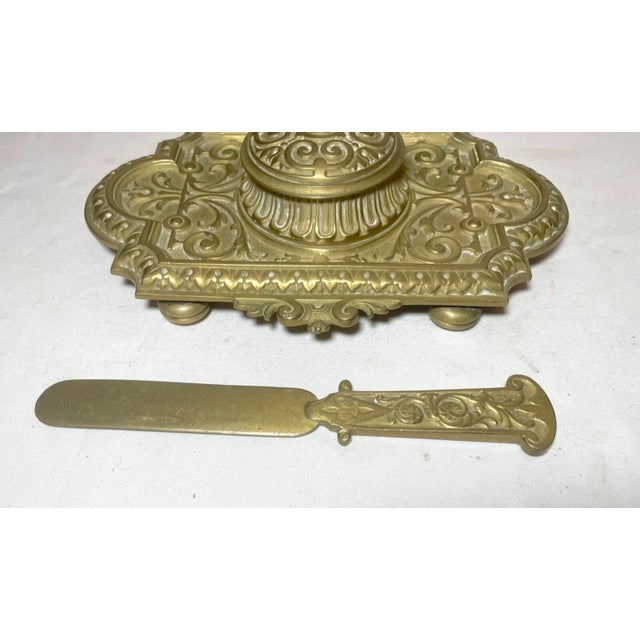 19th Century Antique Ornate 19th Century Victorian Gilt Brass Desk Inkwell Stand Tray Letter - Set of 2 For Sale - Image 5 of 11