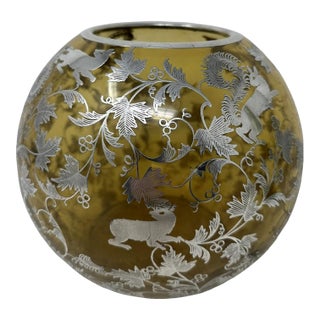 Antique Vintage Sterling Silver Overlaid Amber Glass Bowl Vase Centerpiece 1900 For Sale