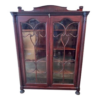 Antique Victorian Style Mahogany Display Breakfront Bookcase Cabinet For Sale