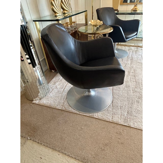 Vintage Danish Bolia Black Leather Swivel Club Chairs For Sale - Image 12 of 14