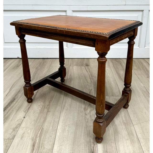 Brown Early 1900s Wood Side Table With Leather Top & Nailhead Trim For Sale - Image 8 of 12