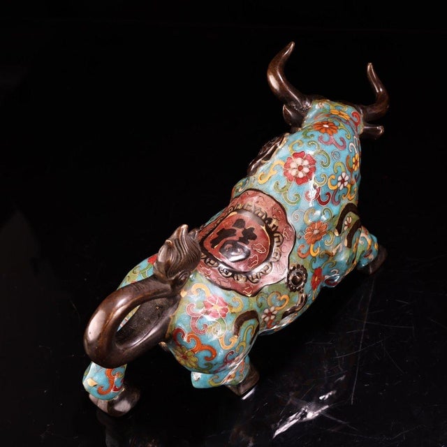 Late 19th Century Cloisonné Enamel Ox Figure, 2400g, Gilt Bronze For Sale - Image 9 of 12