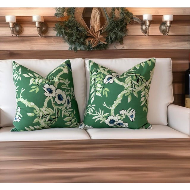 2020s Pair of Thibaut Fabrics Yukio Chinoiserie Green and Blue Pillow Covers For Sale - Image 5 of 6