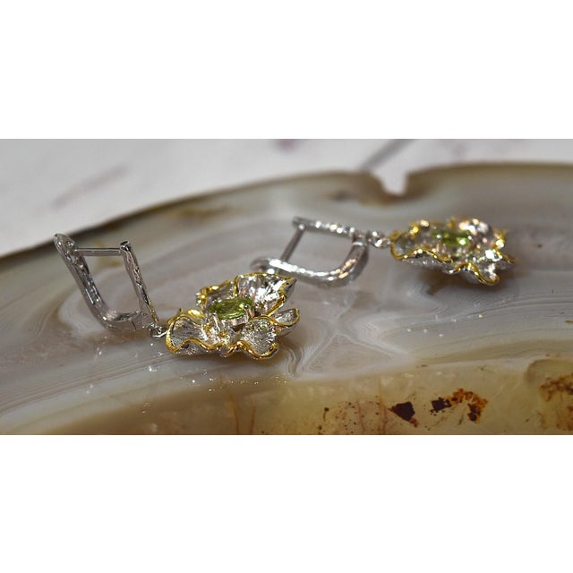 Artisan Peridot Citrine Flower Dangle Earrings Sterling Silver 18k Gold Vermeil Drops, A Pair For Sale - Image 4 of 13