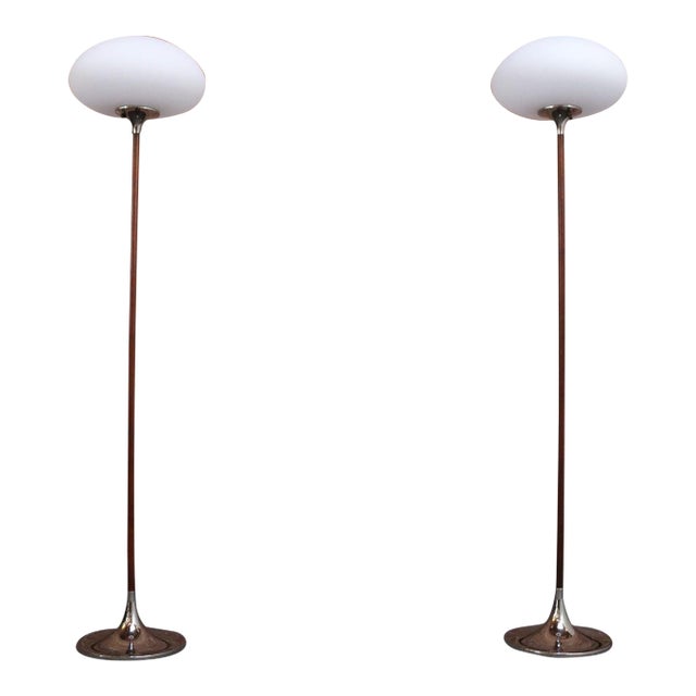 Pair of Chrome Laurel Floor Lamps With Frosted Mushroom Shades and Walnut Stems For Sale