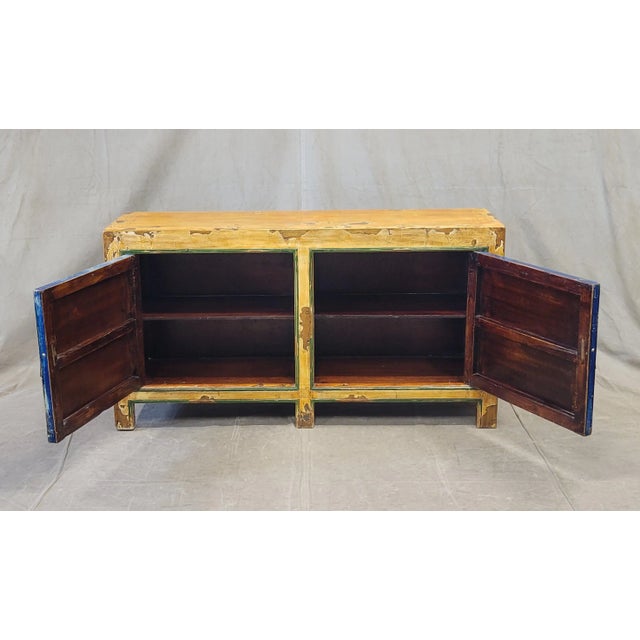 Vintage Chinese Distressed Lacquer Storage Cabinet Console With Floral Motif For Sale In Denver - Image 6 of 12