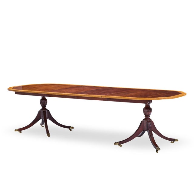 Councill Craftsmen Mahogany Inlaid Double Pedestal Expanding Dining Table With 3 Leaves For Sale - Image 11 of 15