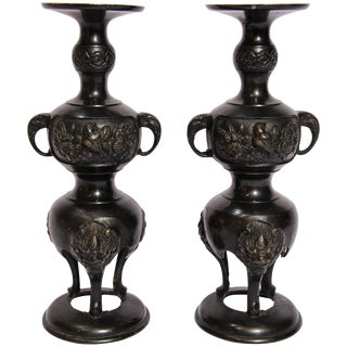 Black Bronze Japanese Candleholders Incense Burner - a Pair For Sale