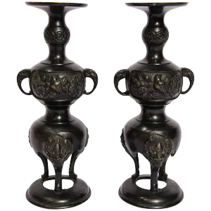 Black Bronze Japanese Candleholders Incense Burner - a Pair