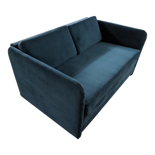 Vintage 1980's Reupholstered Love Seat in Crushed Turquoise Velvet With Rounded Arms For Sale
