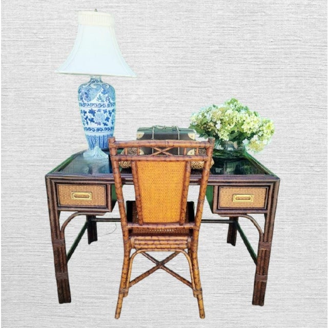 Vintage Cane Tortoiseshell 2 Drawer Campaign British Colonial Black Plexi Glass Top Writing Desk For Sale In West Palm - Image 6 of 13