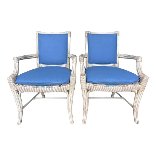 British Colonial Style Rattan Dining Armchairs With Blue Cushions by Lane Venture Excursions, a Pair For Sale