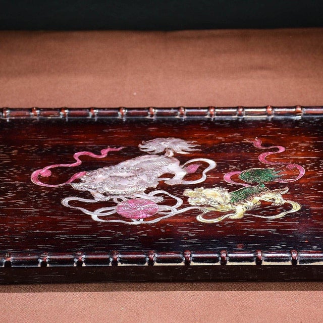 Vintage Chinese Rosewood Tea Tray With Mother of Pearl Inlay & Lion Motif For Sale - Image 4 of 8