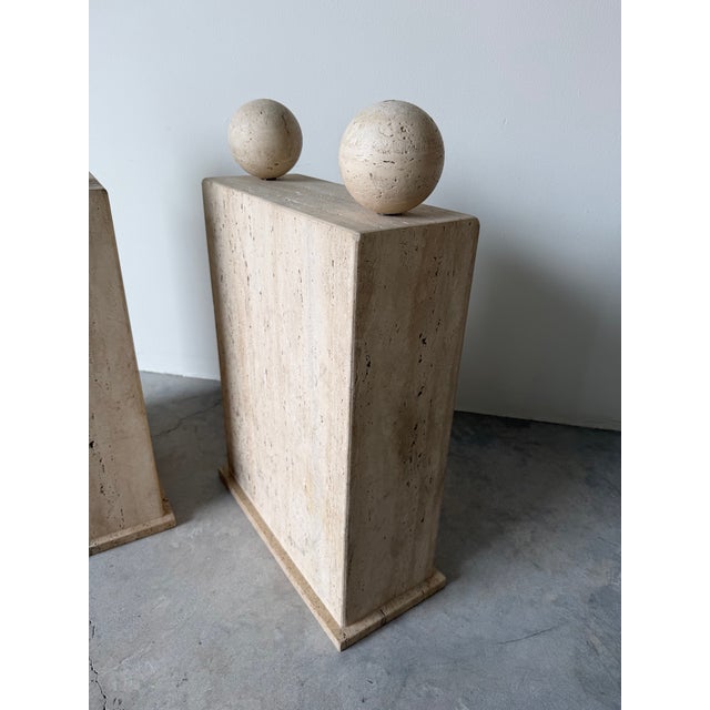 On Hold // 1980’s Postmodern Italian Geometric Travertine Dining Table Base - A Pair For Sale - Image 14 of 16