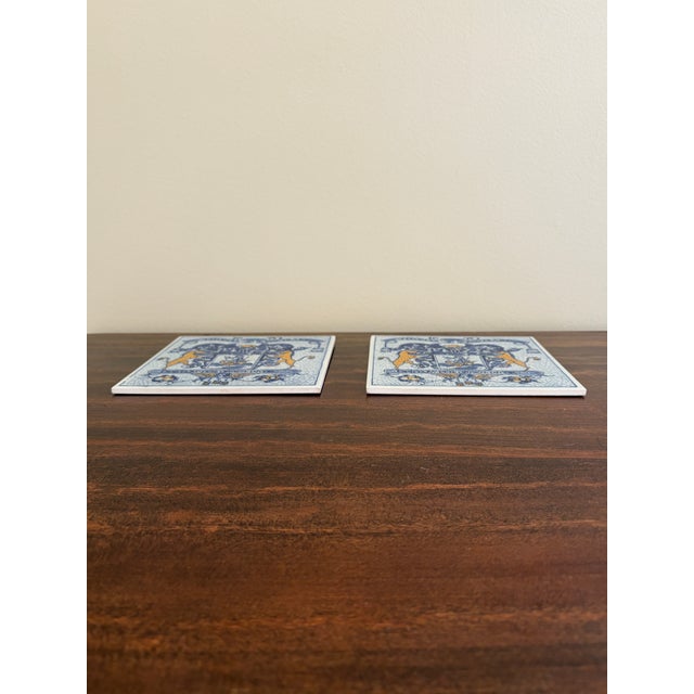 French Country Dutch Delft Blue and White Porcelain Tiles With Heraldic Coat of Arms, Pair For Sale - Image 3 of 6