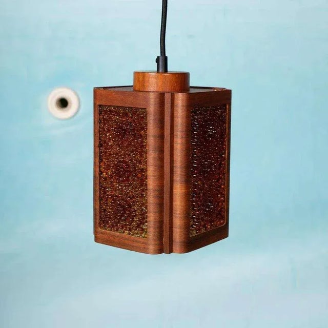 Vintage Glass & Teak Hanging Lamp, 1960s For Sale - Image 4 of 8