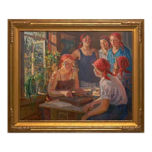 "At the Collective Farm Office" Original Oil Painting by Aleksandr Moravov Circa 1936