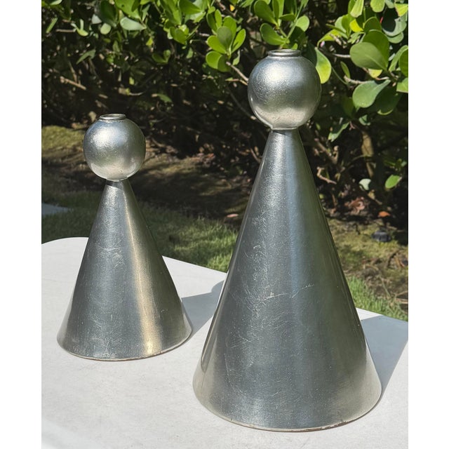 Mid-Century Modern Vintage Sculptural Postmodern Ceramic Candleholders, Graduated Pair For Sale - Image 3 of 12