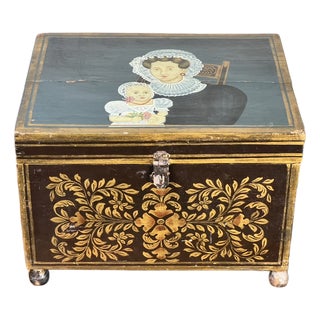 Antique New England Folk Art Painted Portrait Document Box, Mother & Child, C. 1840–1860 For Sale