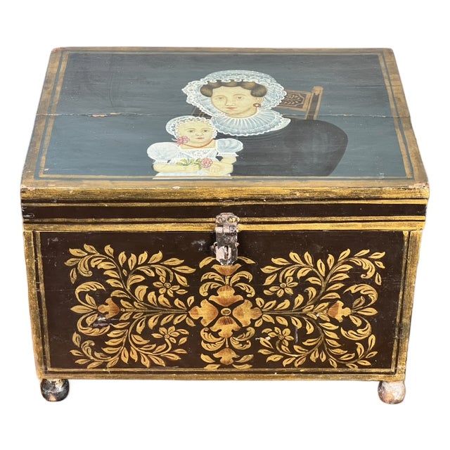 Antique New England Folk Art Painted Portrait Document Box, Mother & Child, C. 1840–1860 For Sale