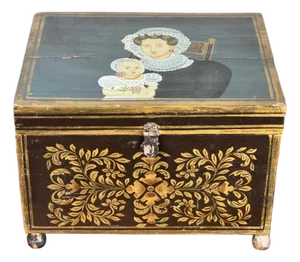 Antique New England Folk Art Painted Portrait Document Box, Mother & Child, C. 1840–1860