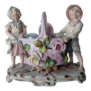 1950s Mid-Century Arnart "Harvest Time" Figural Porcelain Basket Planter Centerpiece by J. Morie For Sale