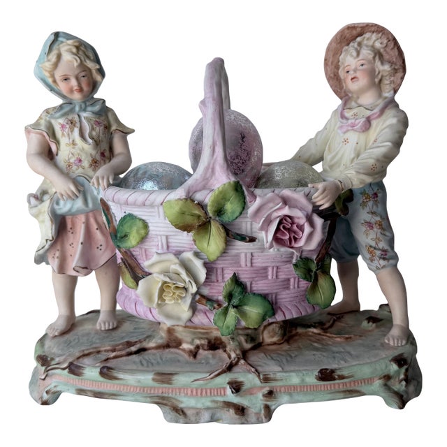 1950s Mid-Century Arnart "Harvest Time" Figural Porcelain Basket Planter Centerpiece by J. Morie For Sale