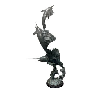 Late 20th Century Large 51” Solid Bronze Marlin Sailfish Big Game Fishing Sculpture For Sale