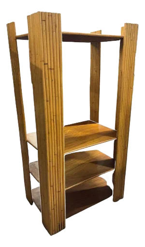 1950s Restored Vertically Stacked Rattan 4-Tier Rattan & Mahogany Etager Display Shelf