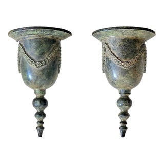 Vintage Pair of Verdigris Brass Bell-Form Decorative Finials / Architectural Accents – Hollywood Regency Old World Style For Sale