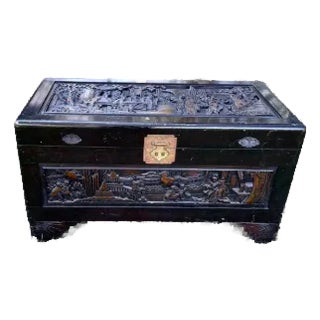 1980s Vintage Majestic Co. Carved Wooden Chinoiserie Trunk/Chest For Sale