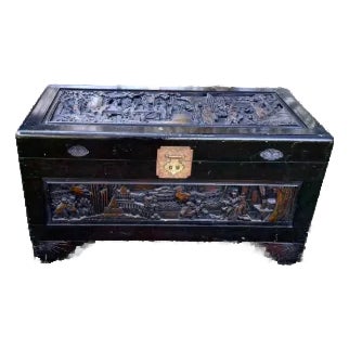 1980s Vintage Majestic Co. Carved Wooden Chinoiserie Trunk/Chest For Sale