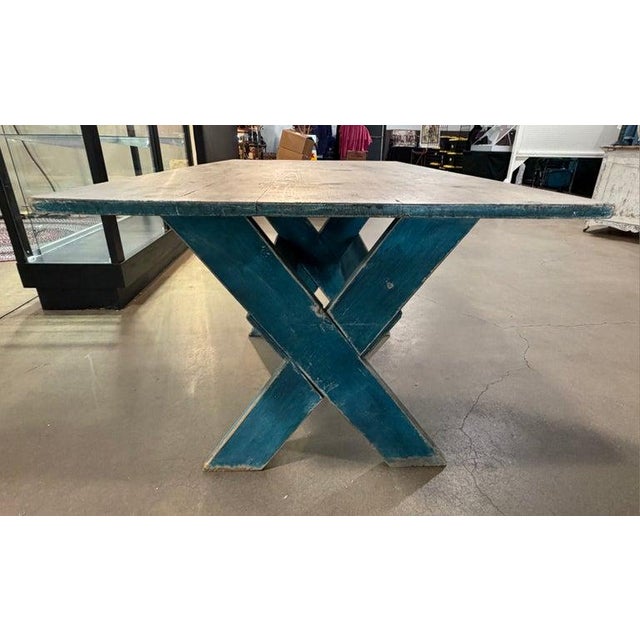 19th Century 19thc Scrub Top Blue Painted Trestle Table For Sale - Image 5 of 9