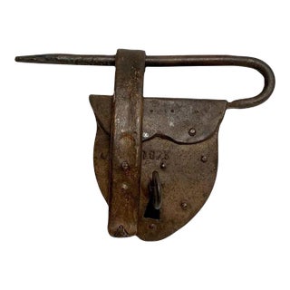 19th Century American Folk Art Heart Shaped Iron Pad Lock & Key, Dated 1875 For Sale