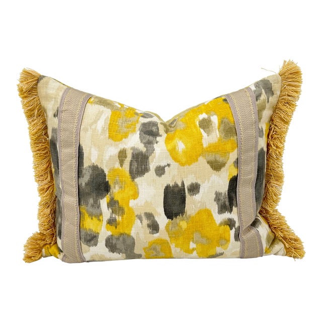 Yellow & Gray Linen Double Sided Lumbar Pillow With Fringe For Sale