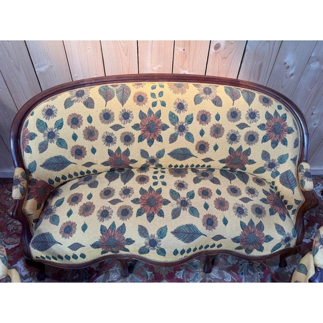 Louis-Philippe Living Room Sofa and Armchairs in Rosewood and Floral Fabric, Set of 3 For Sale - Image 6 of 8